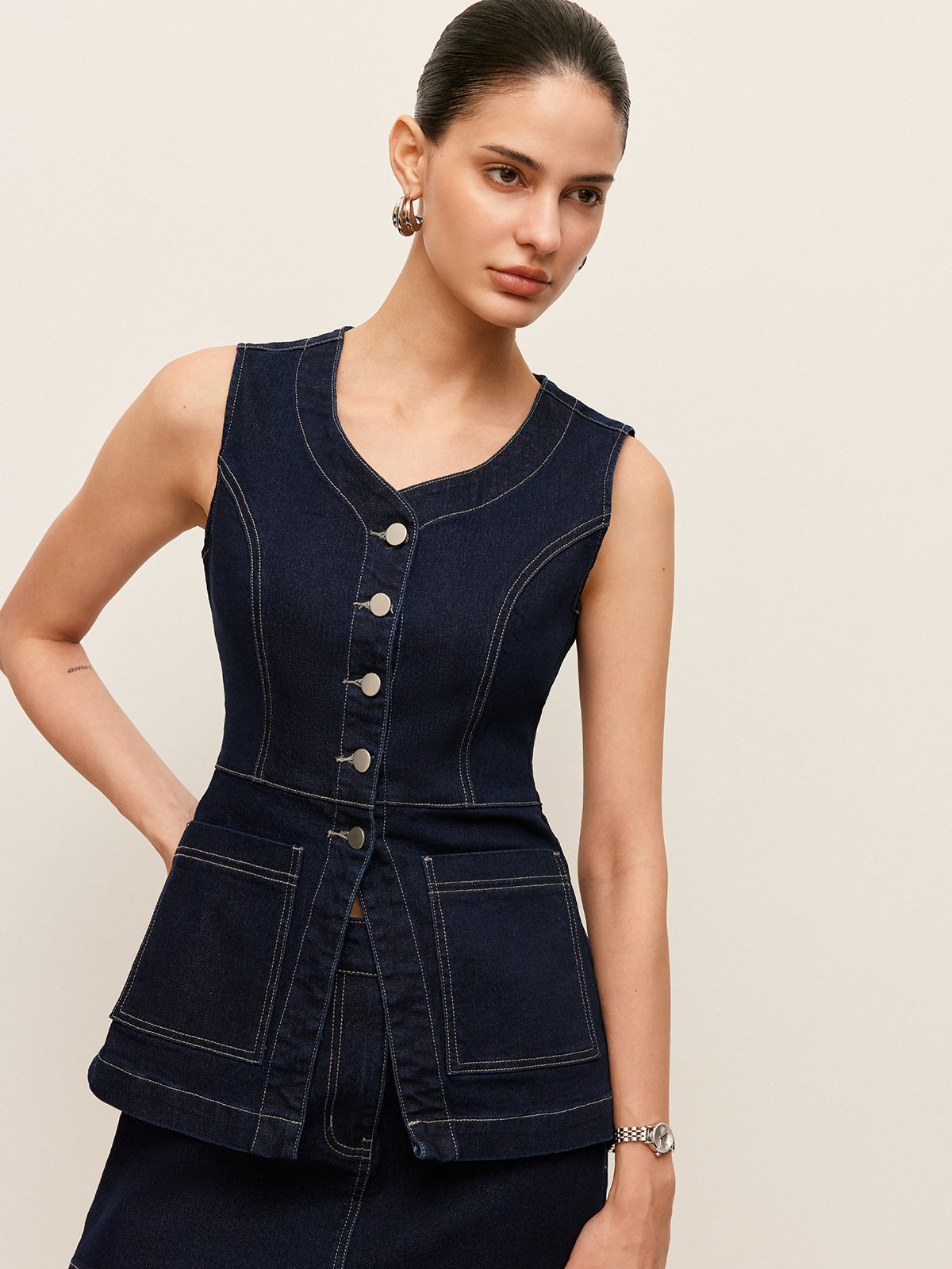 Denim Button-Front Vest With Pockets