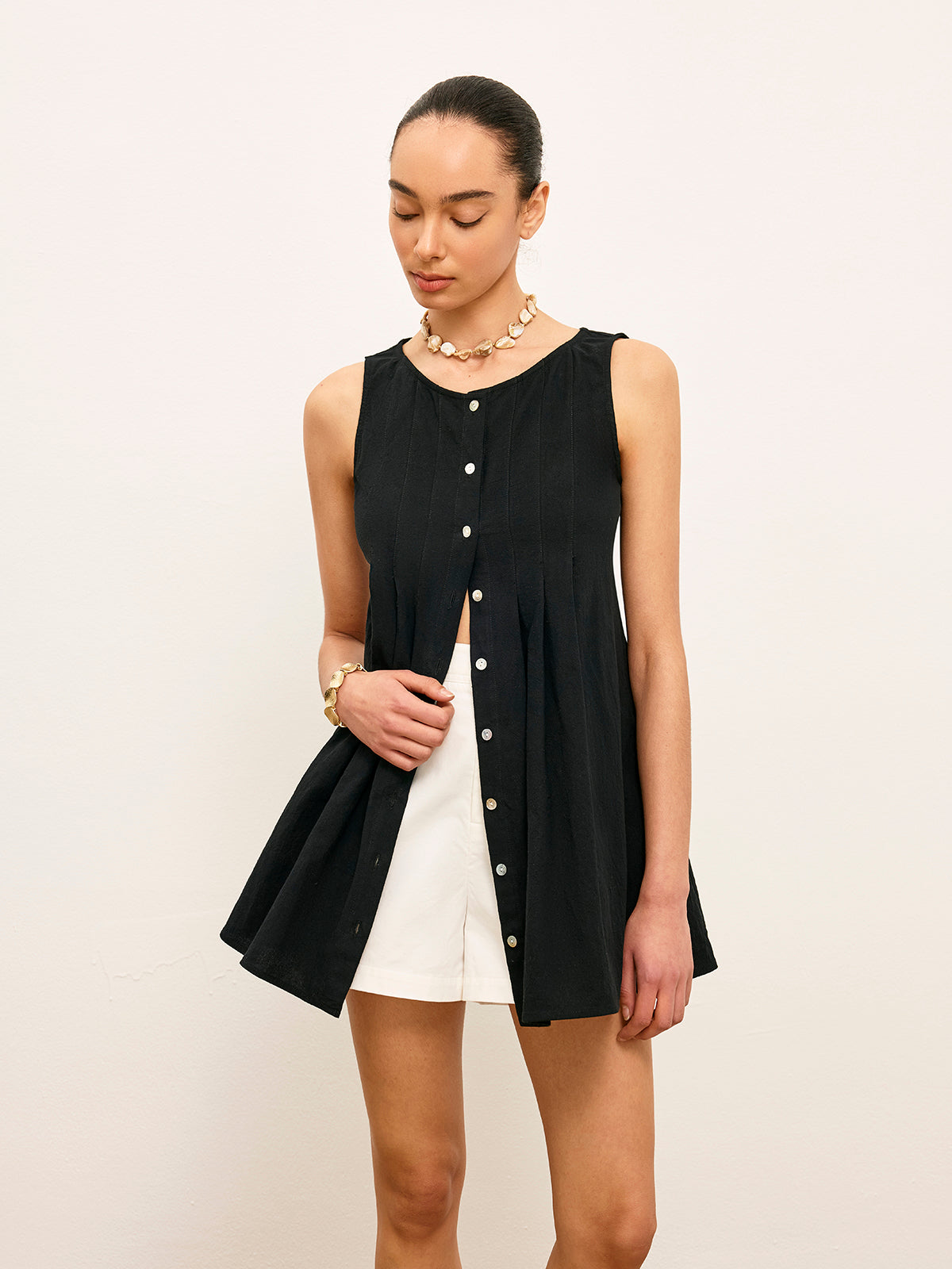 Cotton & Linen Pleated Button-Up Top