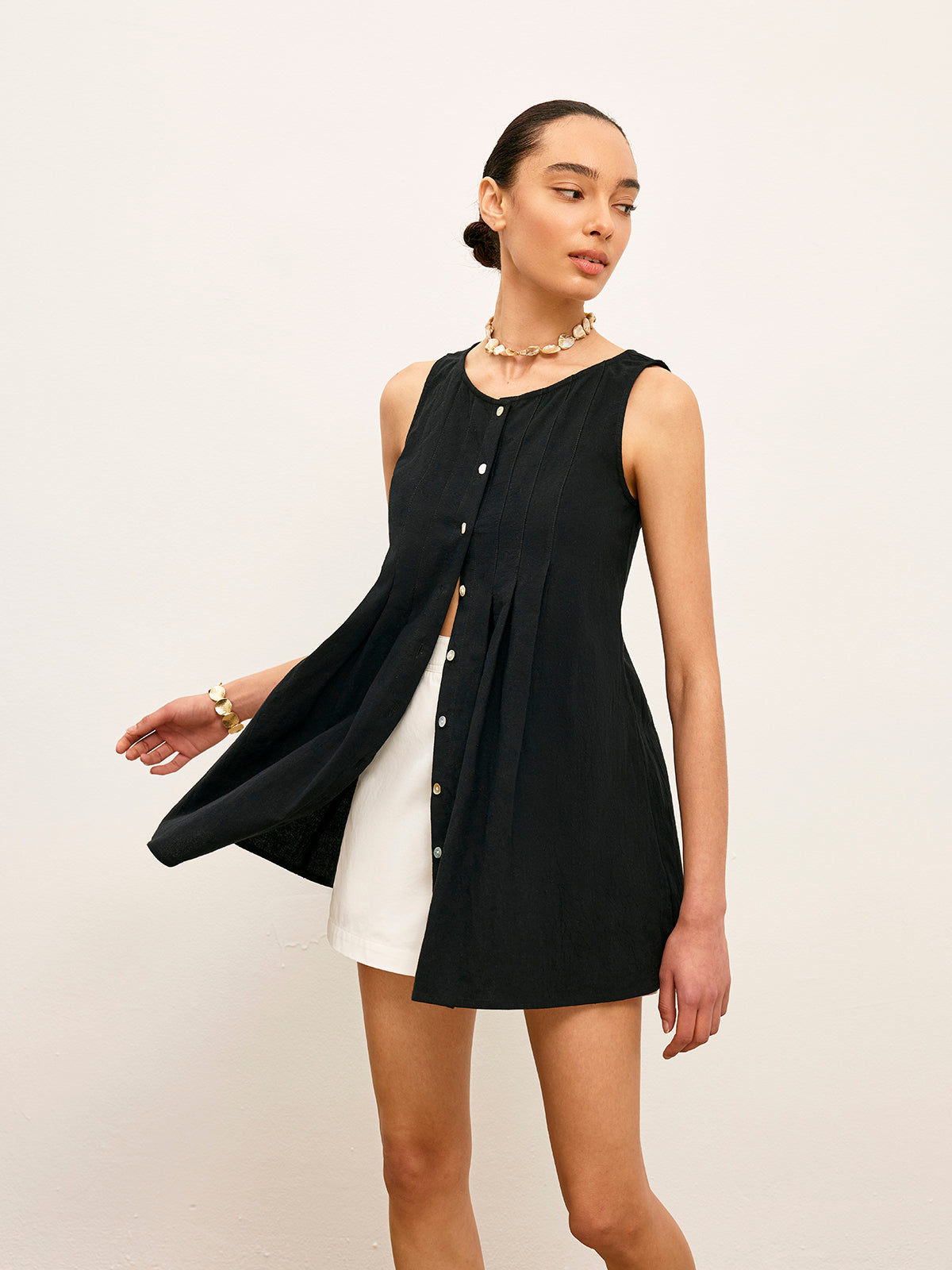 Cotton & Linen Pleated Button-Up Top