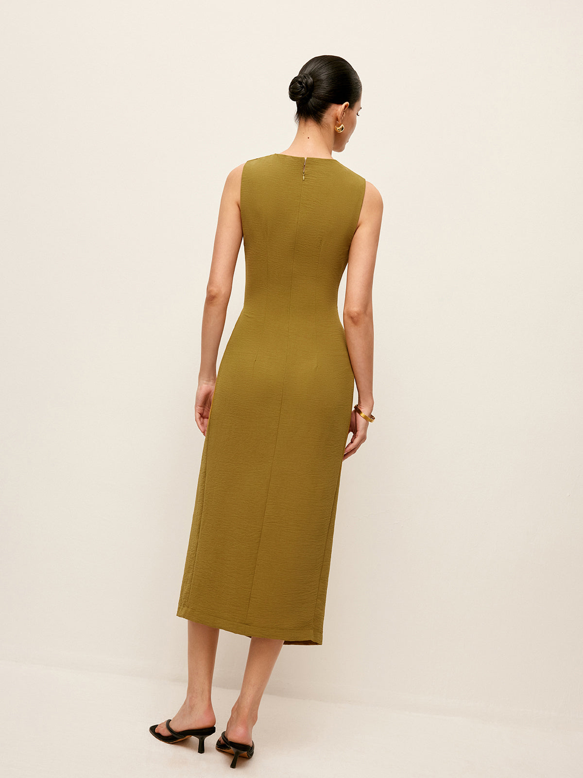 Metal Detail Shirred Waist Sleeveless Spilt Dress