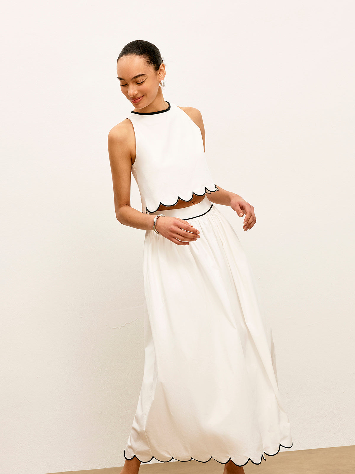 Scallop Trim Color Block Sleeveless Skirt Set