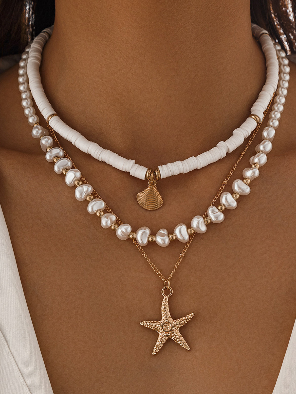 Pearl & Shell Layered Necklace With Starfish Pendant