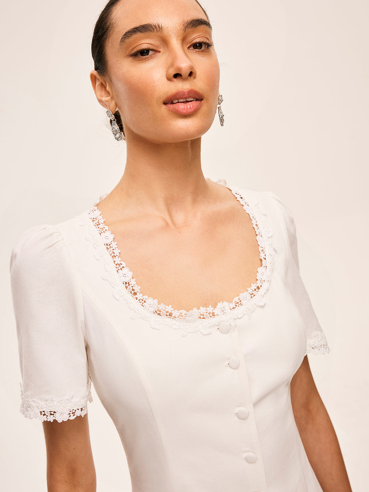 Cotton & Linen Lace-Trimmed Button-Detail Dress