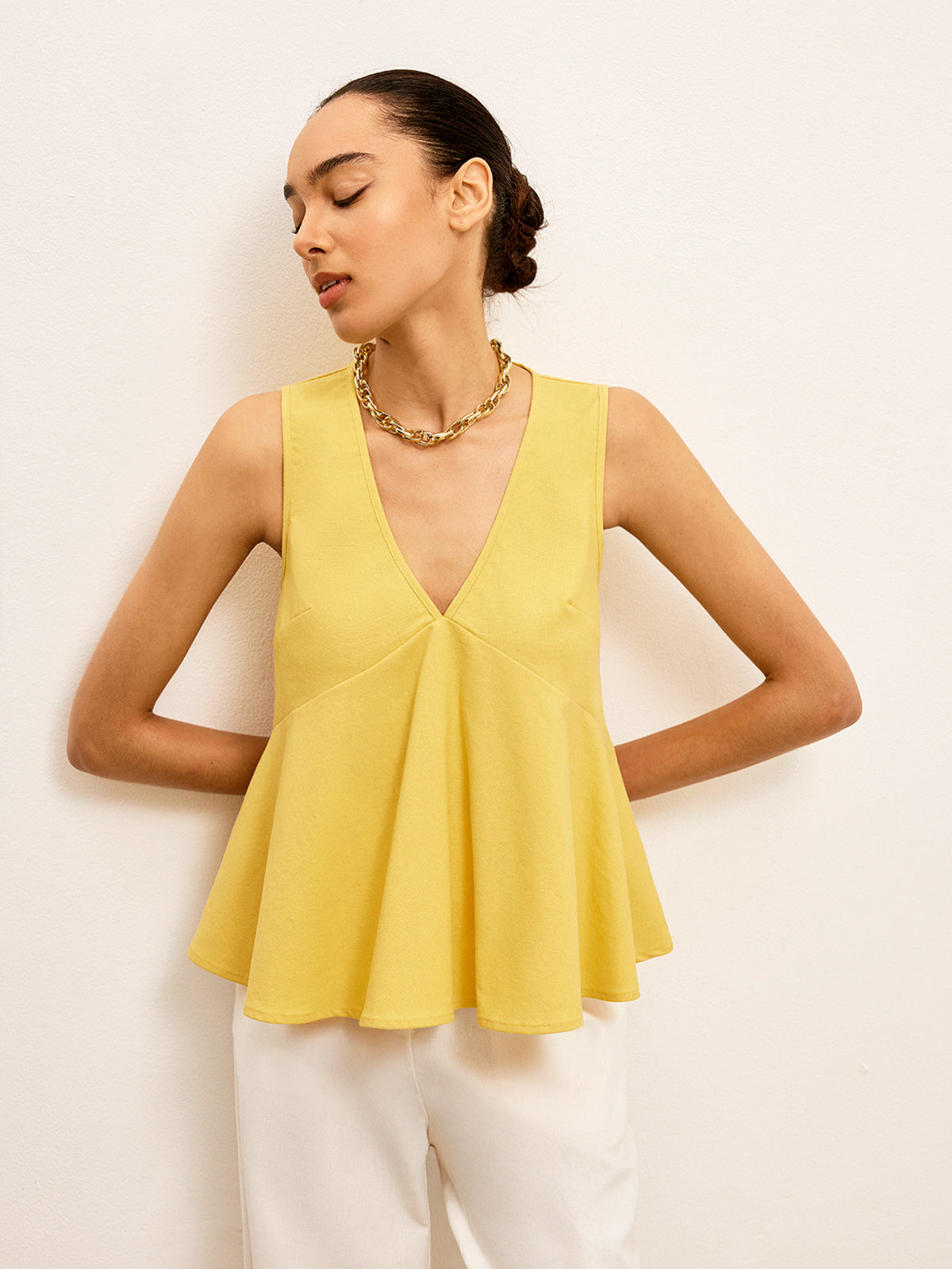 Cotton & Linen V-Neck Peplum Top