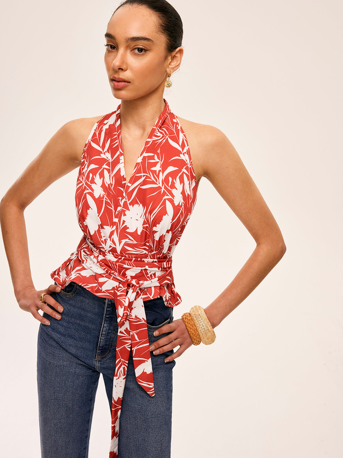 Floral Halter Neck Tie Waist Top