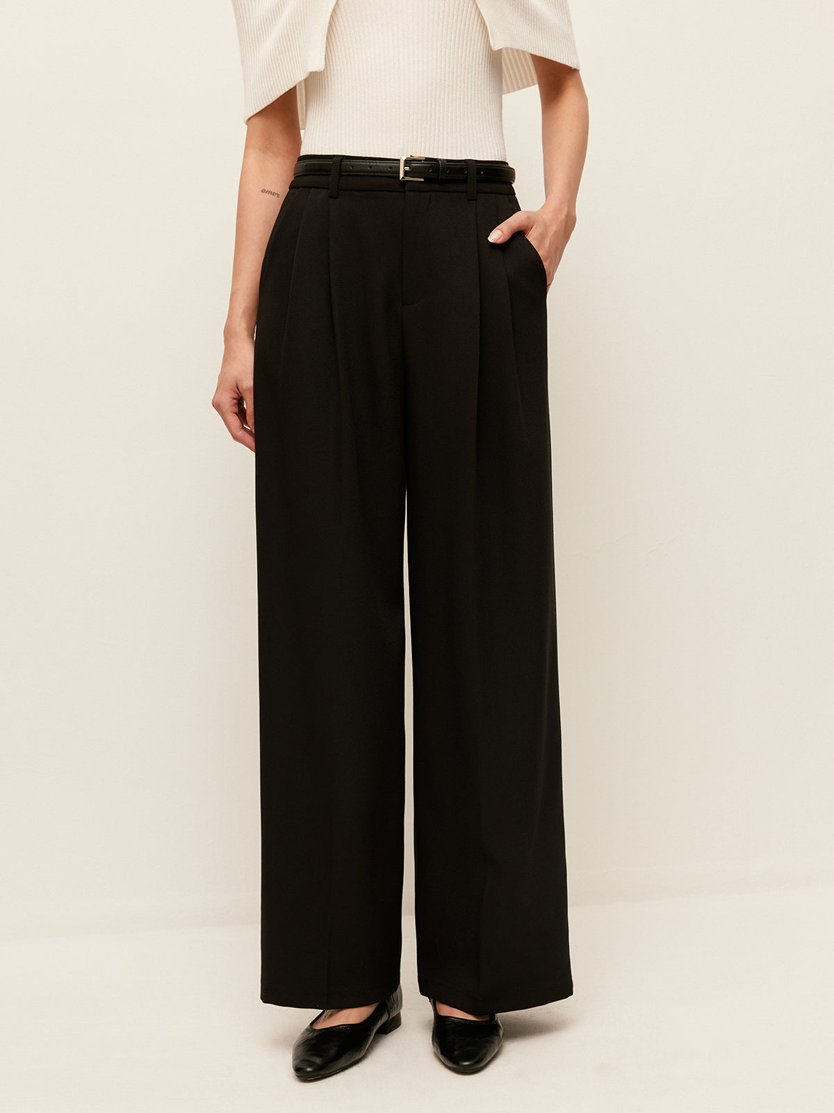Belted Wide-Leg High-Waist Pants With Pockets
