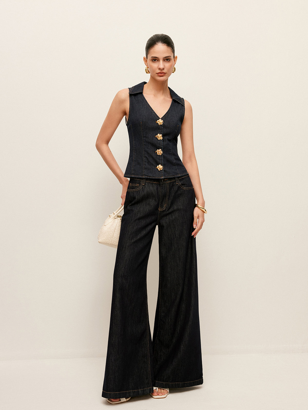 Denim Collared Vest With Floral Button Detail