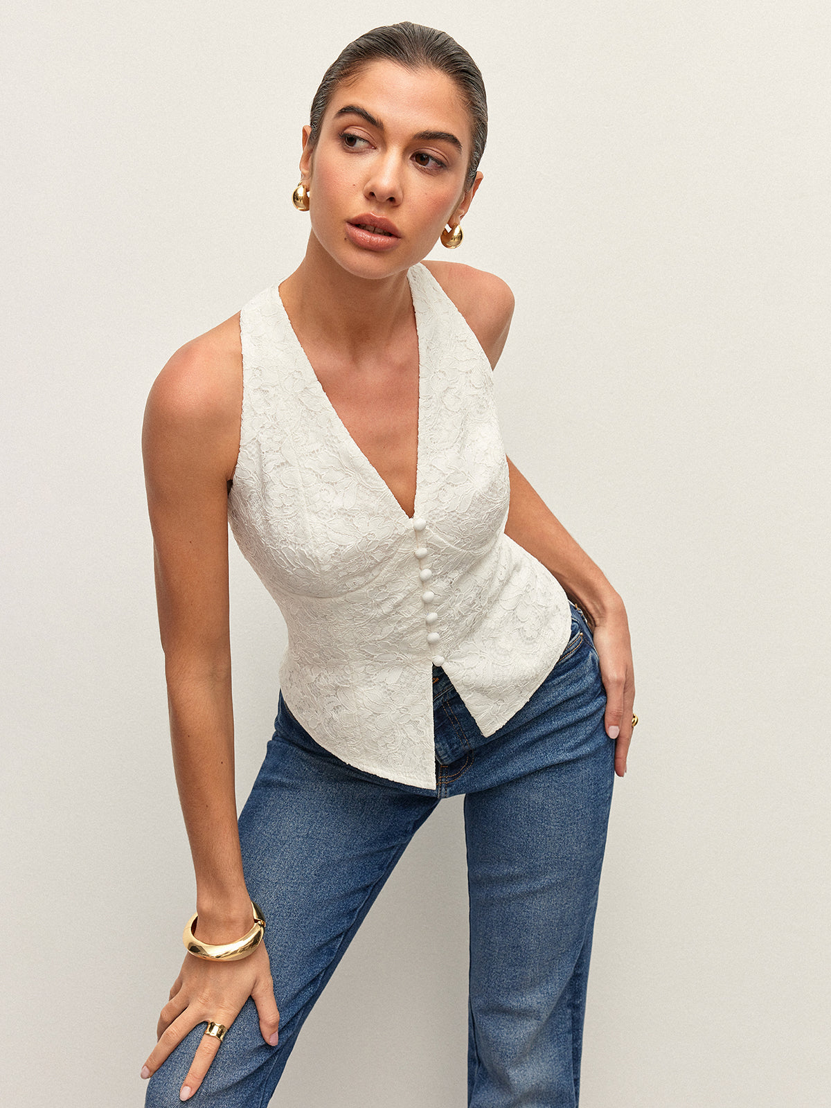 Lace Button Detail Halter Top