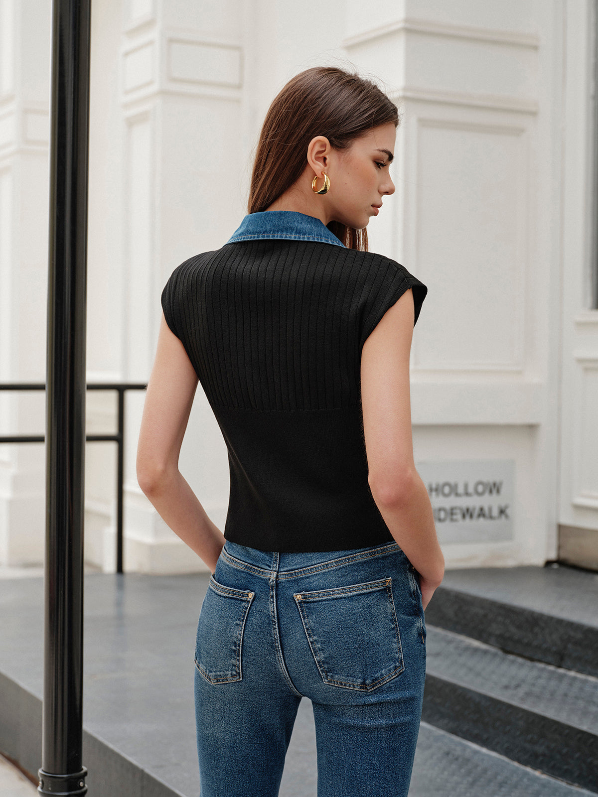 Denim Trim Ribbed Knit Top