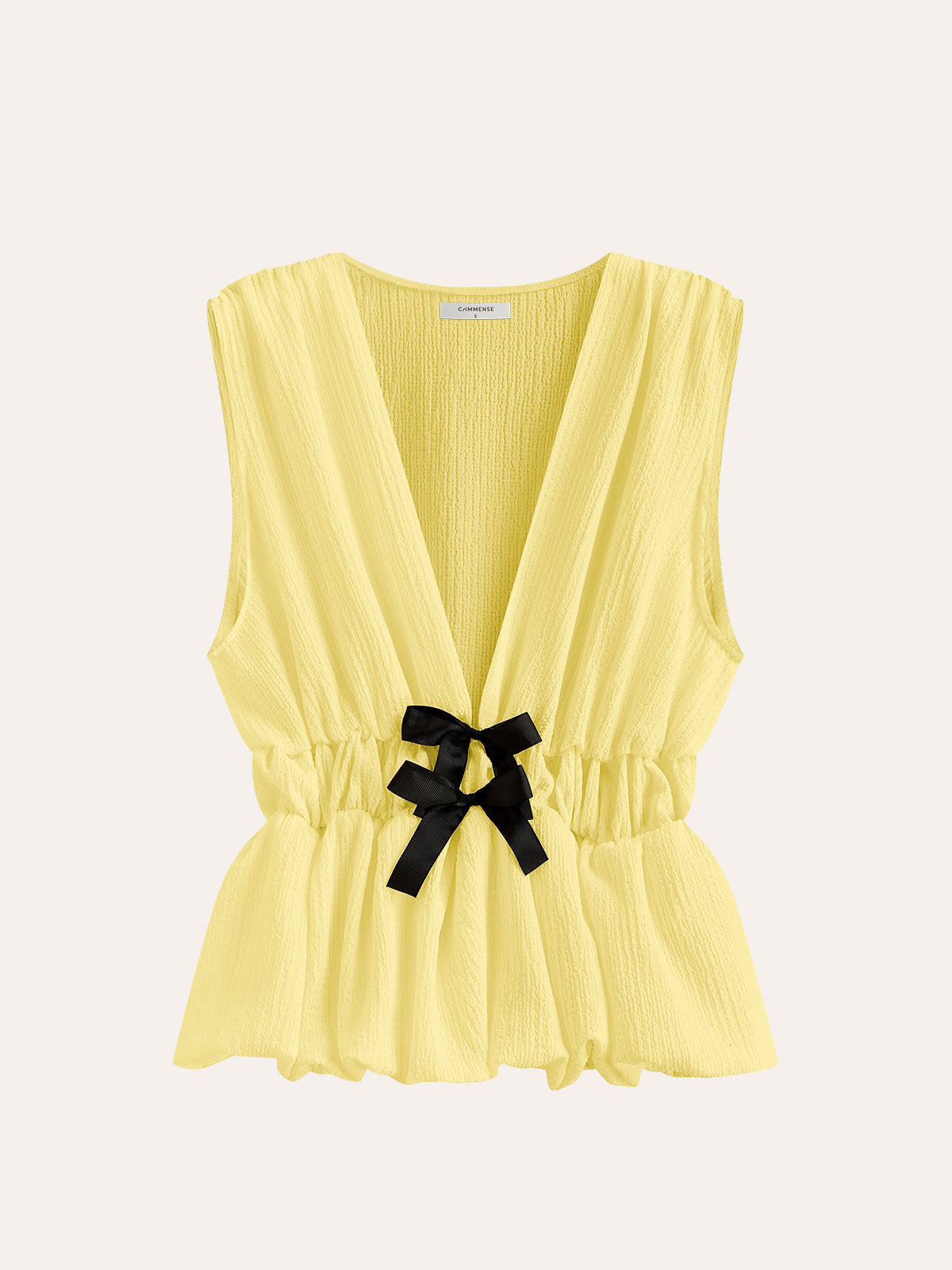 V-Neck Gathered Waist Bow-Detail Top