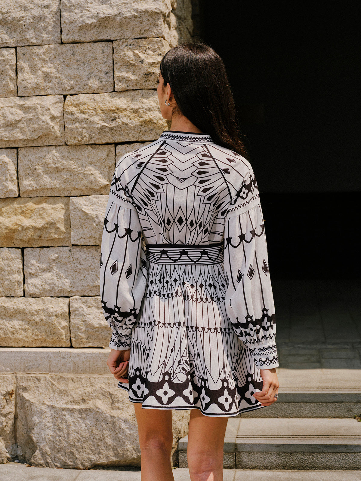 Linen Blend Long Sleeve Belted Dress