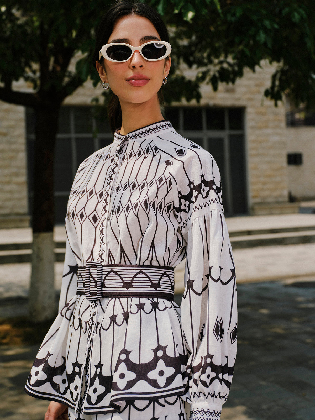 Linen Blend Long Sleeve Belted Shorts Set