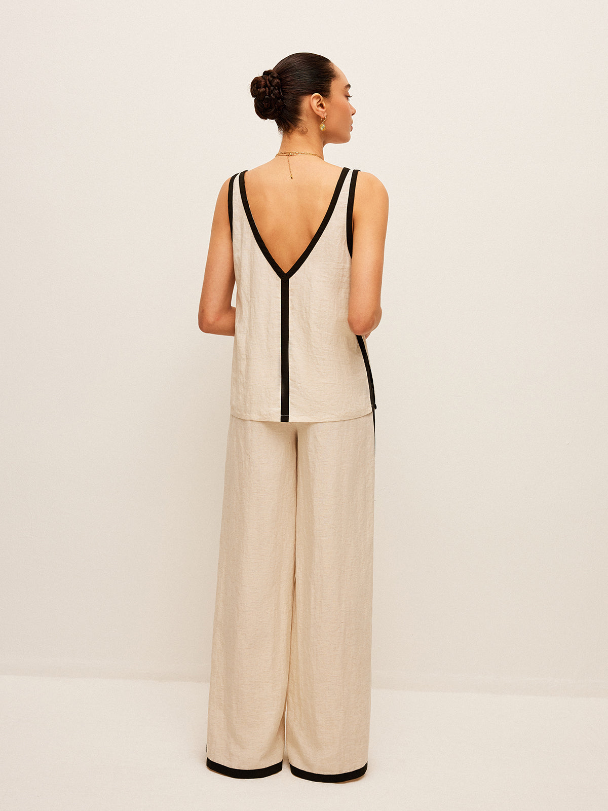 Cotton & Linen Contrast Trim V-Neck Pants Set