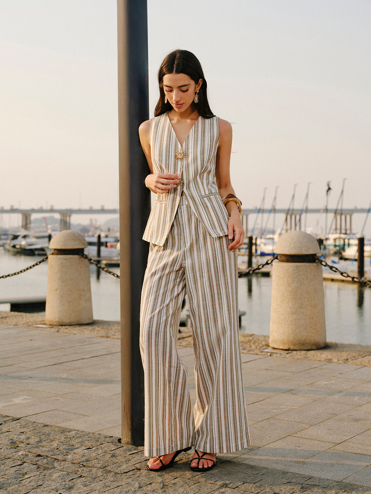 Linen & Cotton Mid-Waist Striped Wide-Leg Pants
