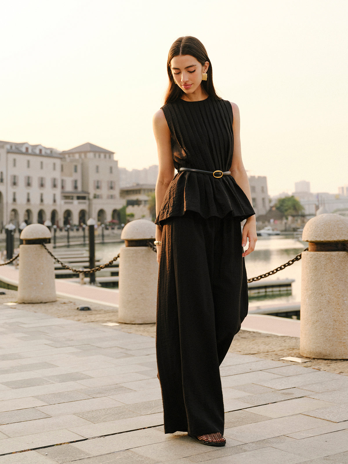 Peplum Top Wide-Leg Pants Set With Belt