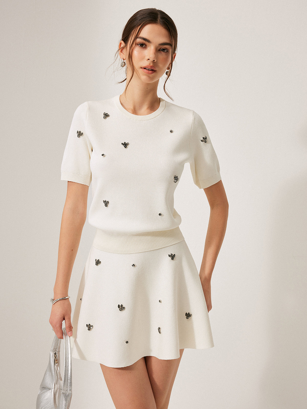 Short Sleeve Metal Detail Plain Sweater