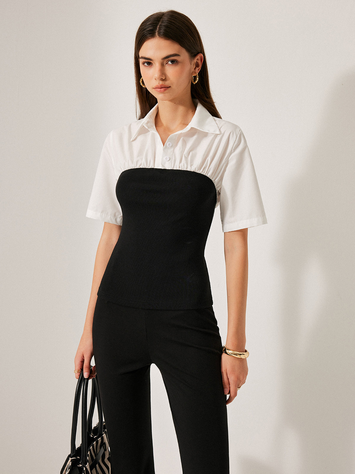 2 in 1 Panel Decor Button Lapel Blouse