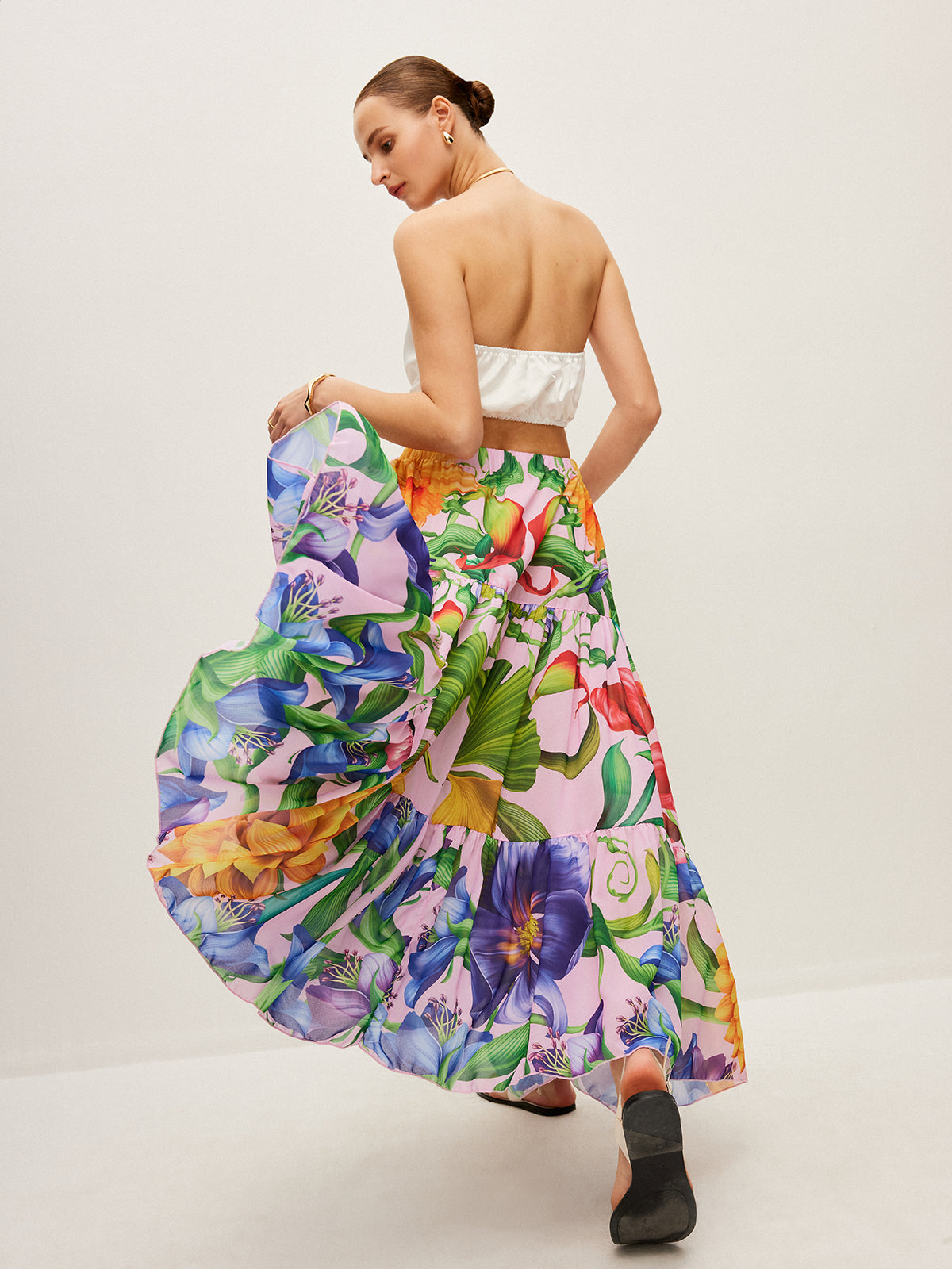 Semi-Sheer Floral Print Belted Chiffon Skirt