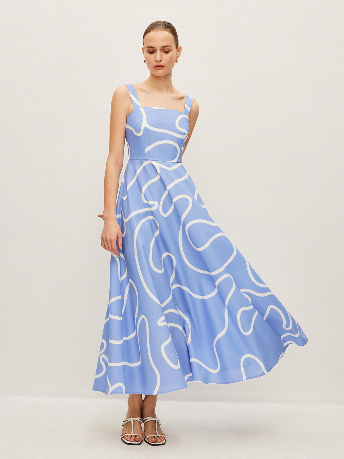 Abstract Line Print Square Strap Dress