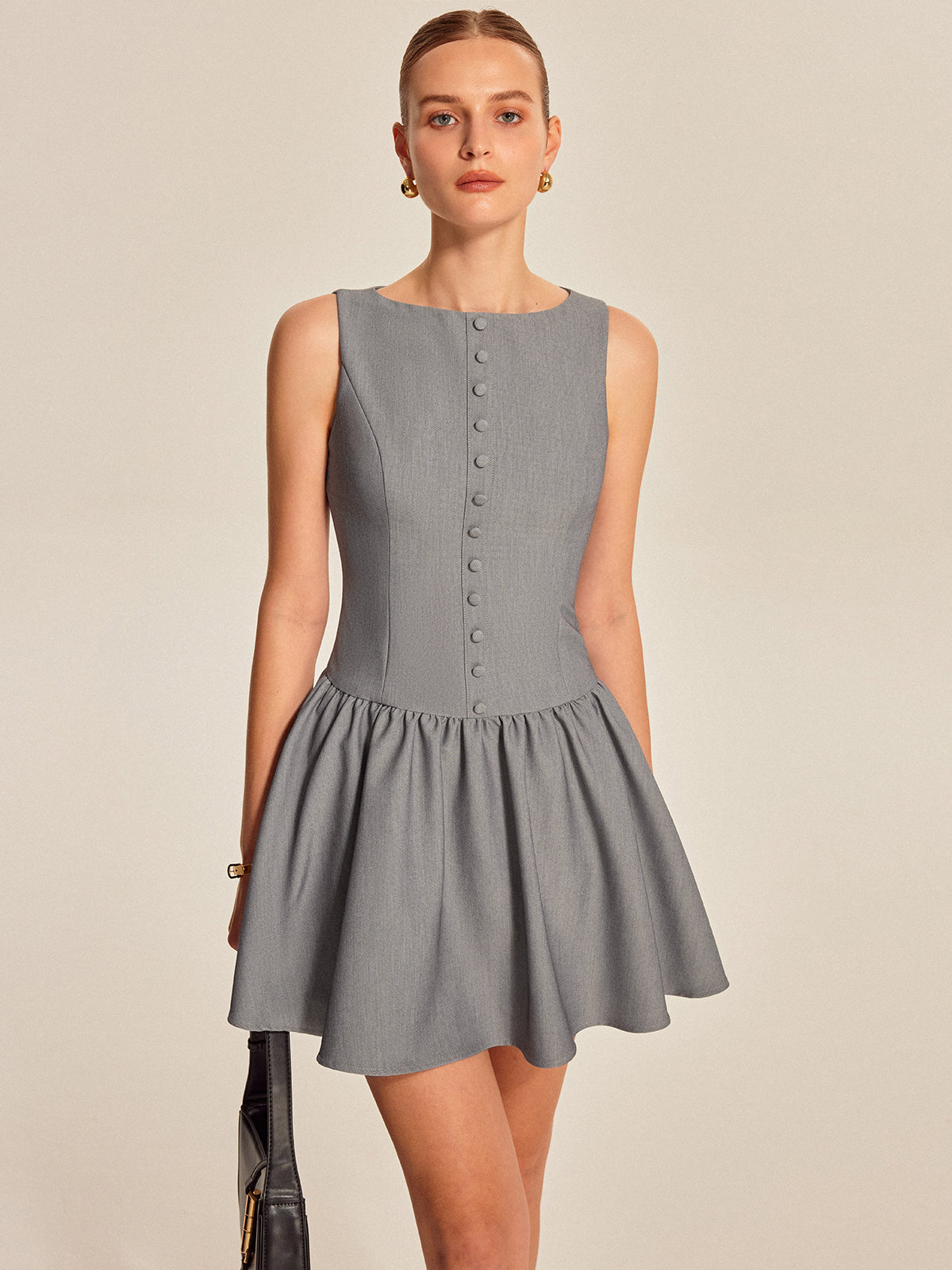 Button Front Pleated Sleeveless Dress