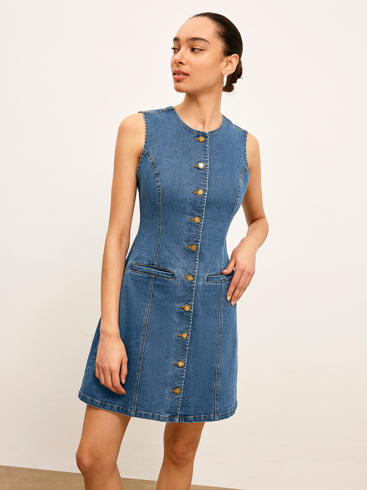 Button Detail Pockets Denim Dress