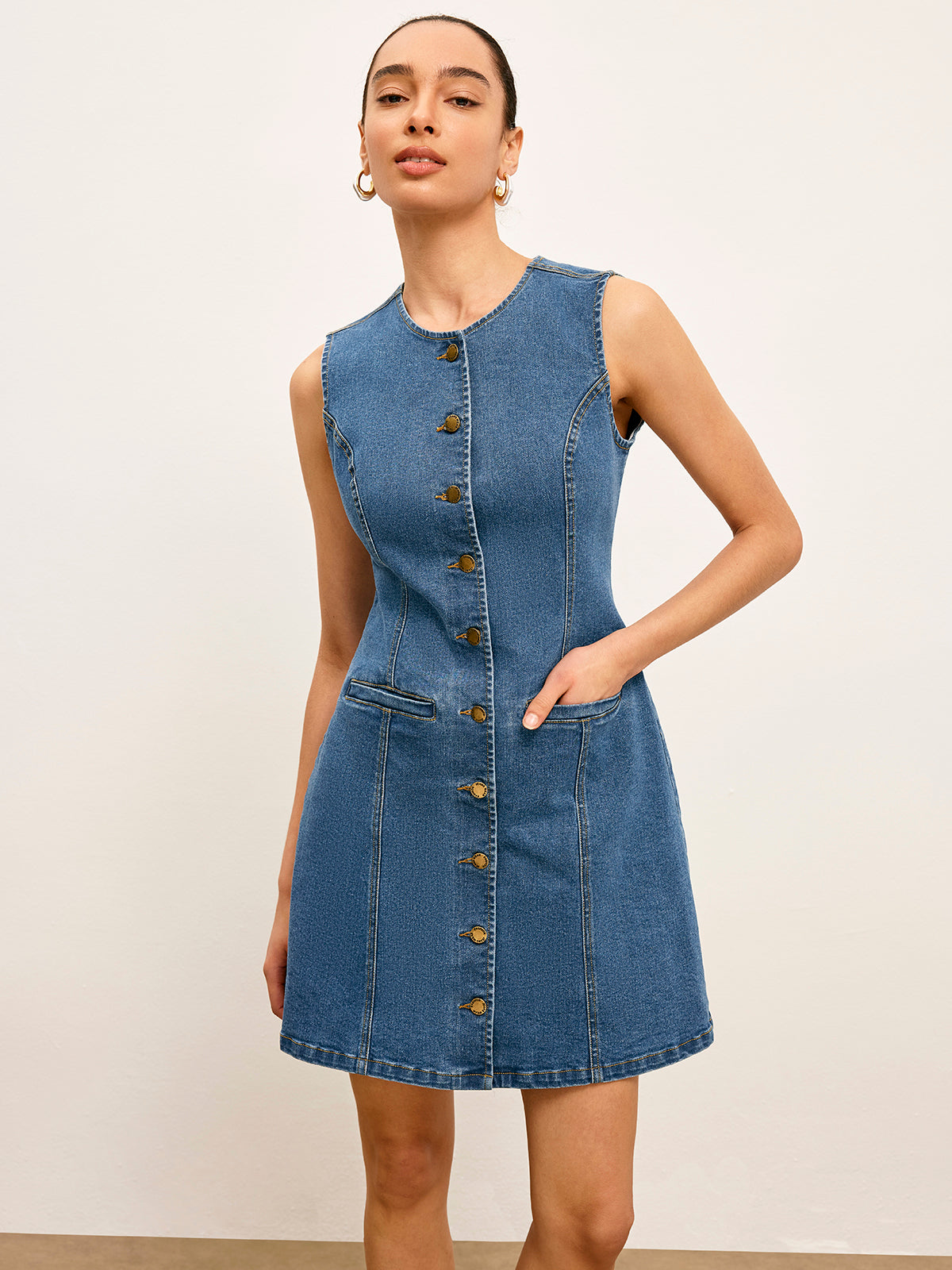 Button Detail Pockets Denim Dress