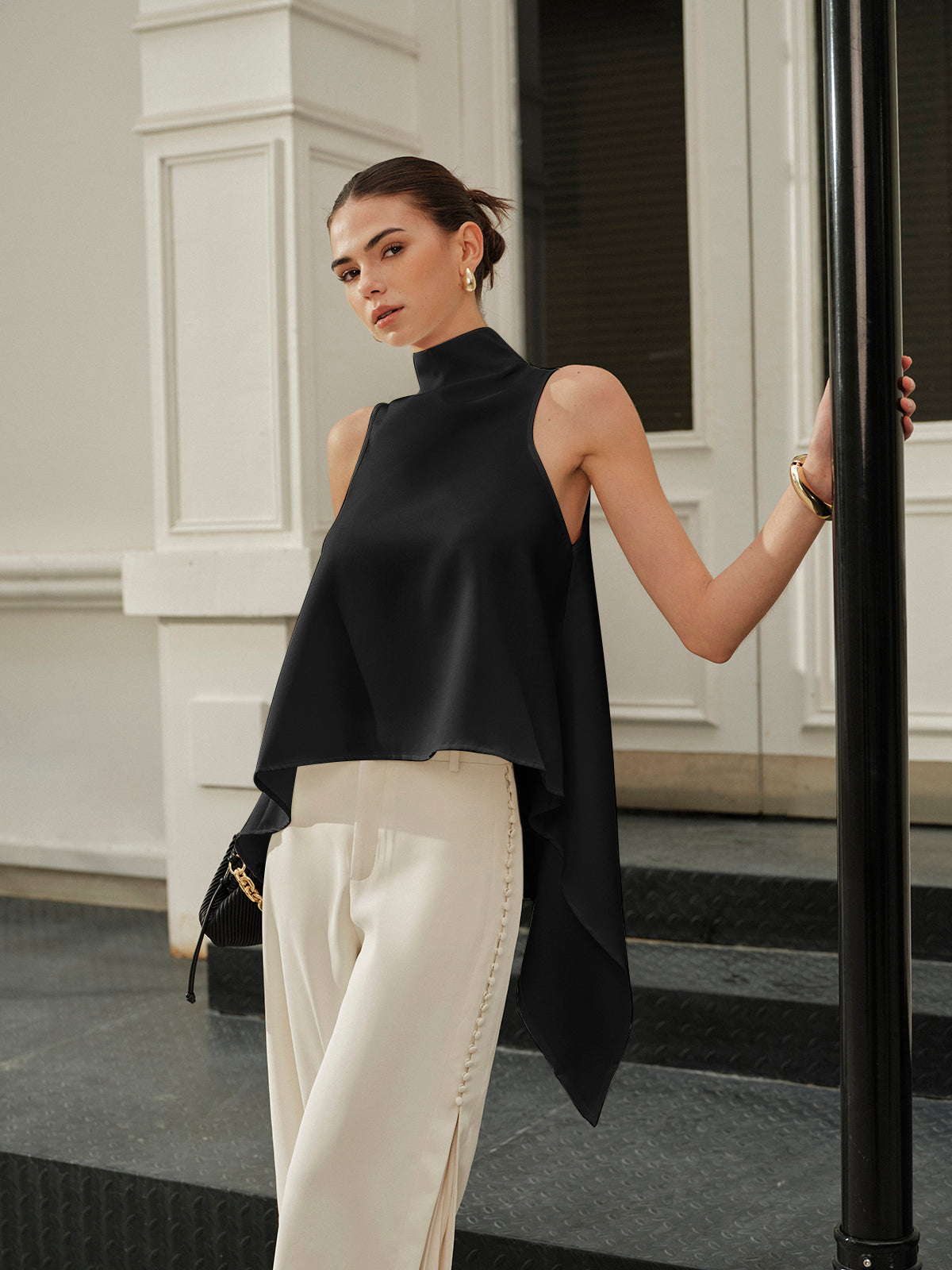 Asymmetrical Mock Neck Sleeveless Top