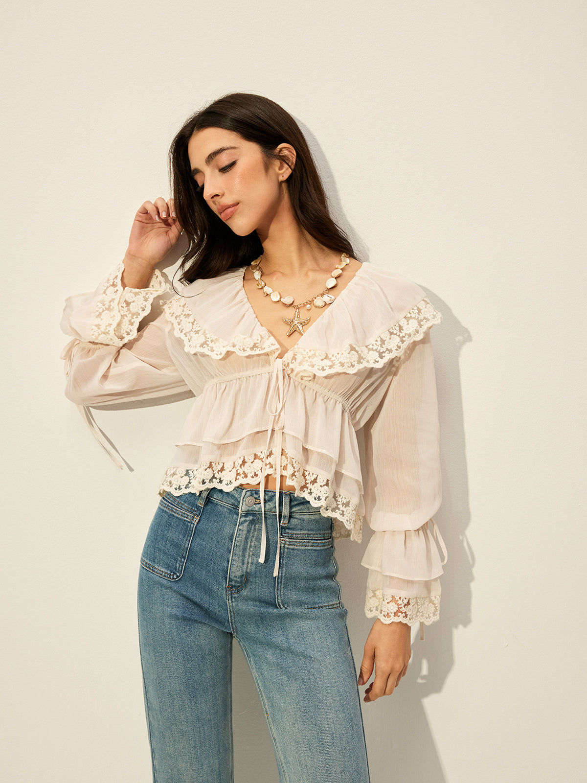 Semi-Sheer Chiffon Lace Detail Top