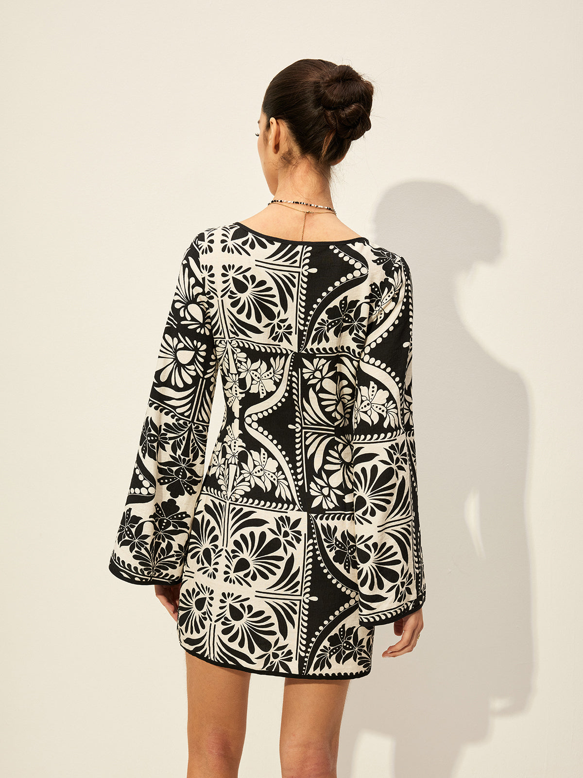 Printed Tie-Front Bell Sleeve Dress
