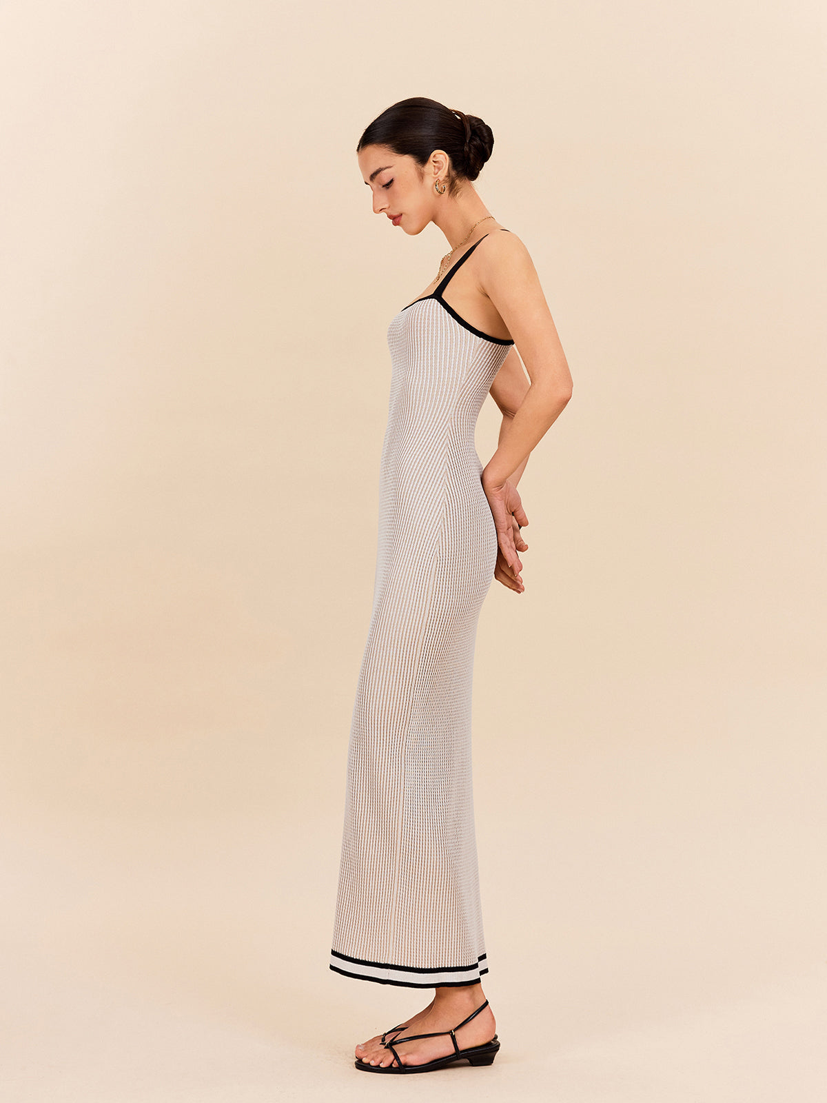 Striped Contrast Trim Spaghetti Strap Sweater Dress