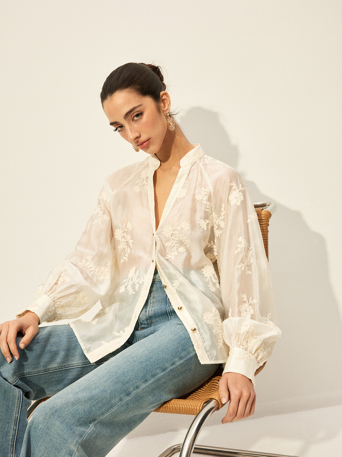 Semi-Sheer Embroidered Button-Front Blouse