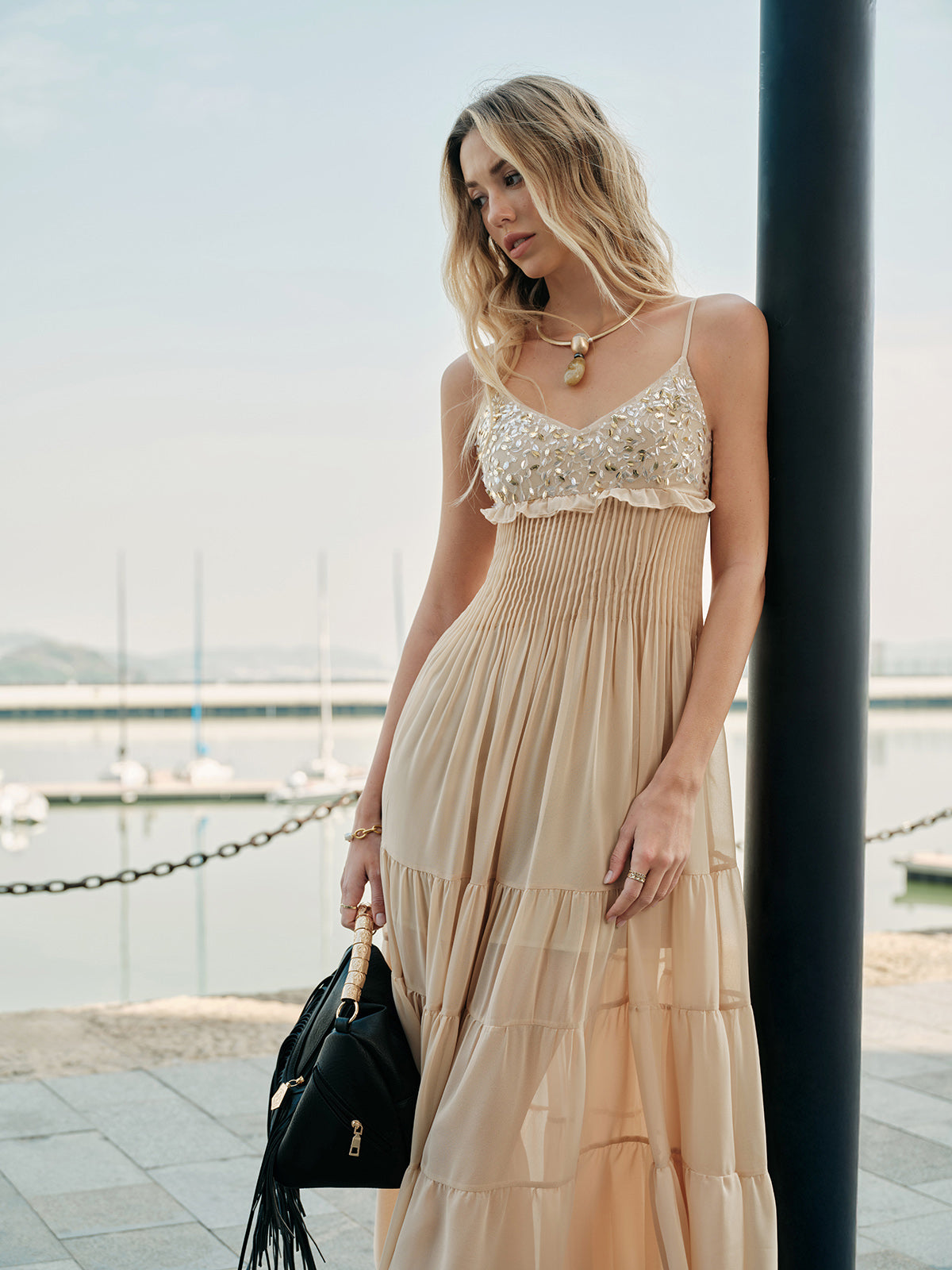 Semi-Sheer Embroidered Bustier Tiered Dress