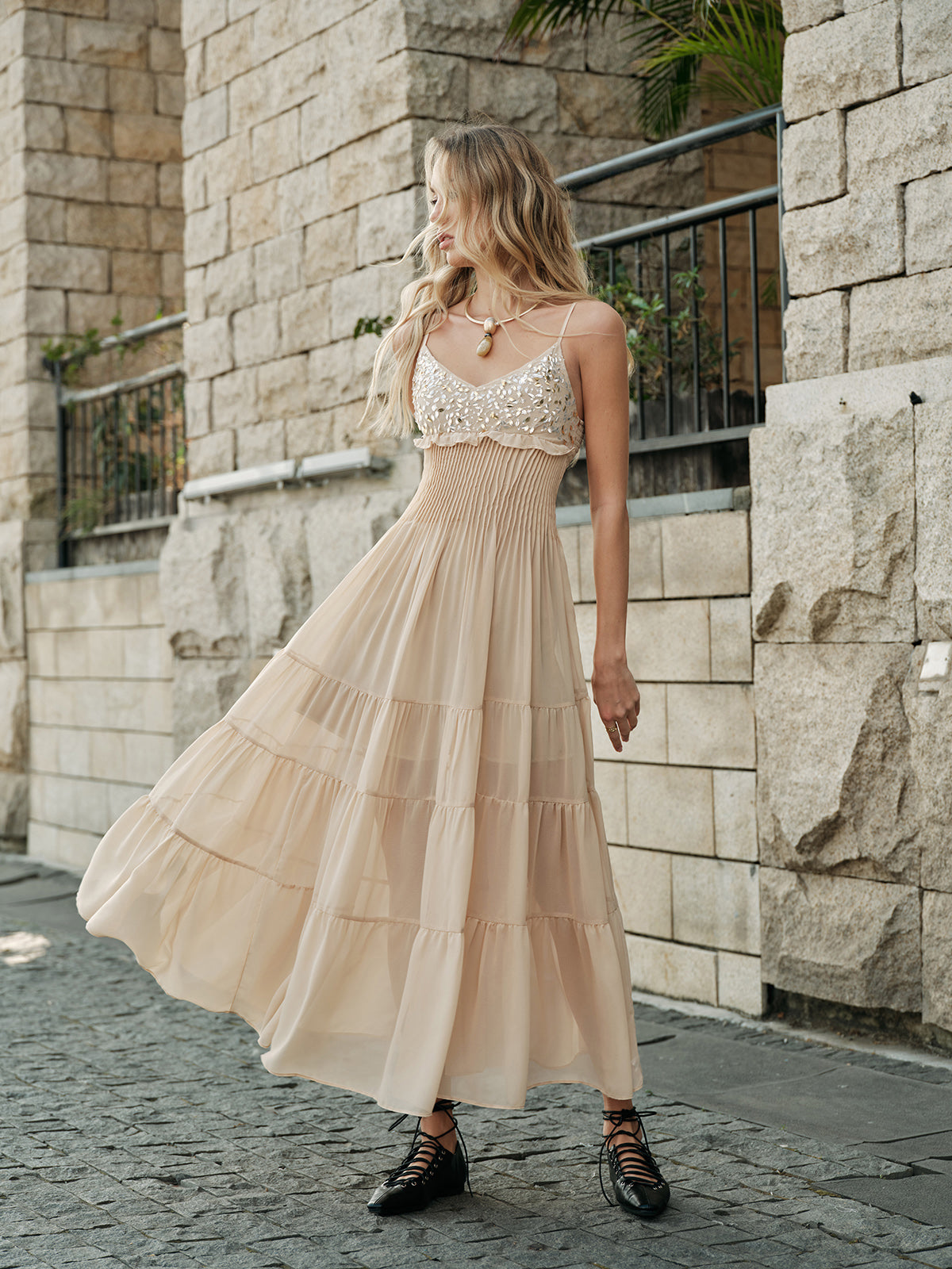 Semi-Sheer Embroidered Bustier Tiered Dress