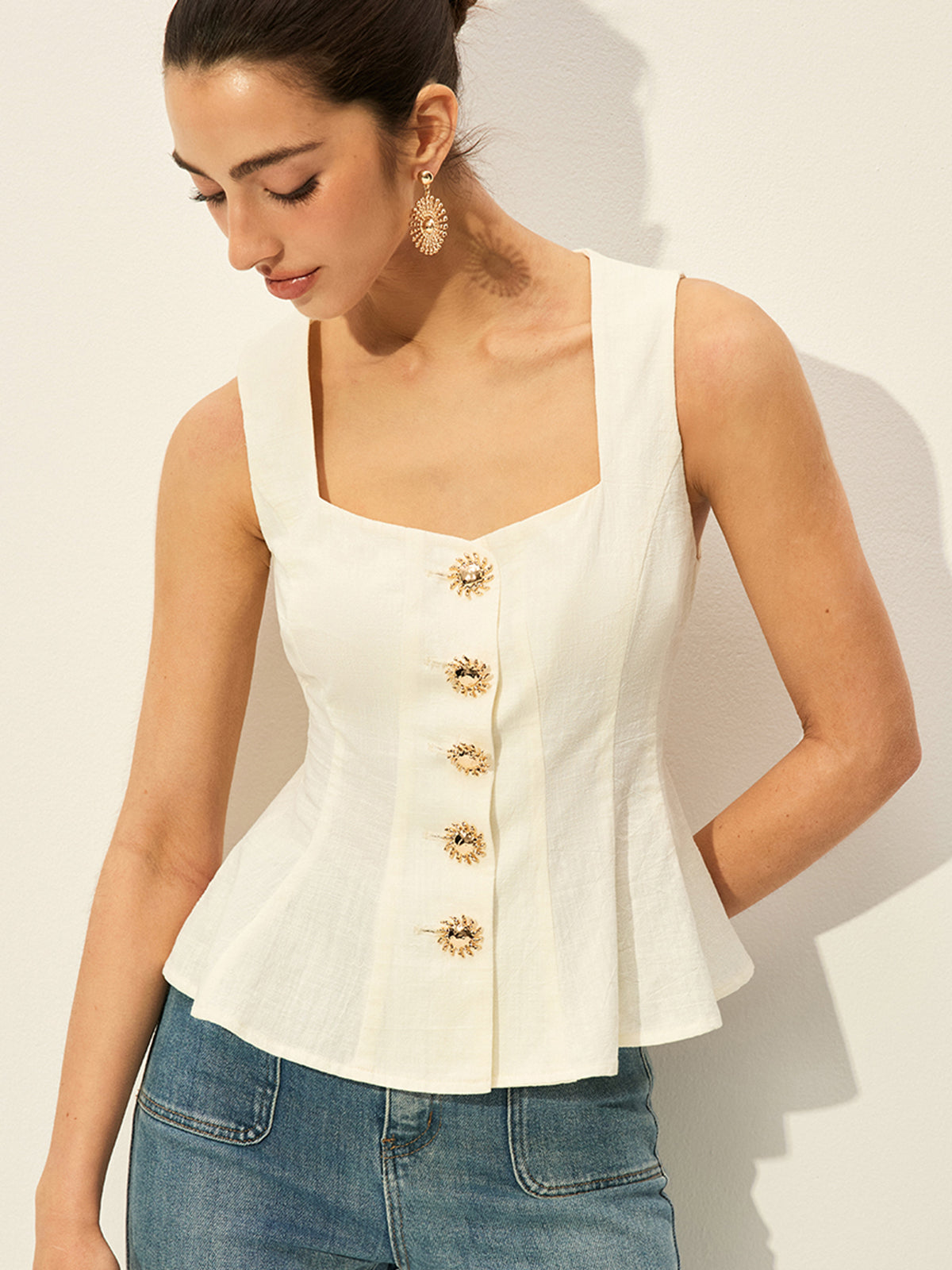 Square Neck Button-Front Peplum Top