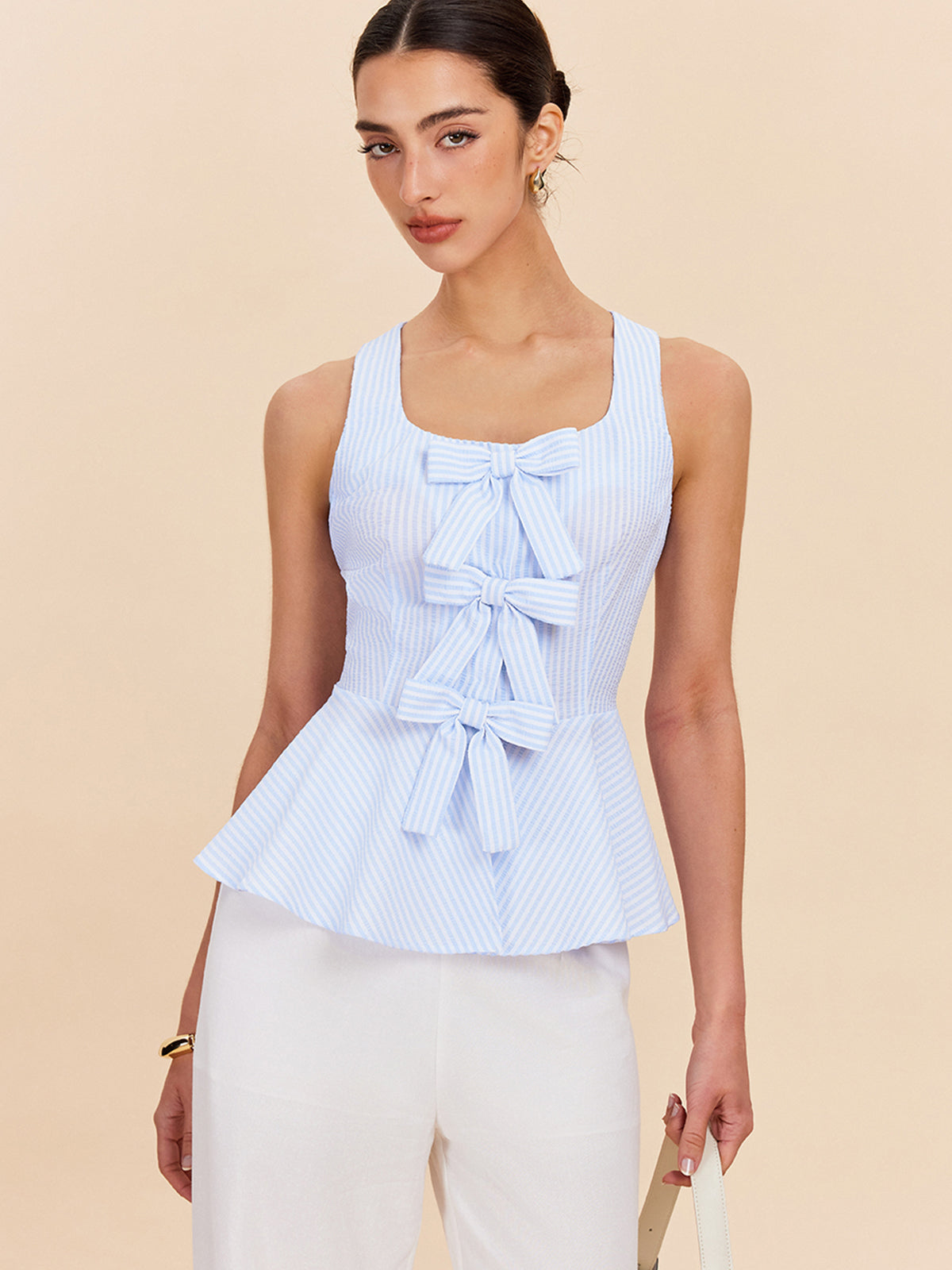 Striped Peplum Top With Bow Details