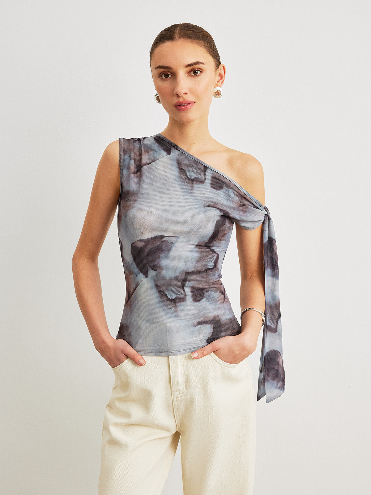 Boho Print  Asymmetrical Neck Mesh Draped Blouse
