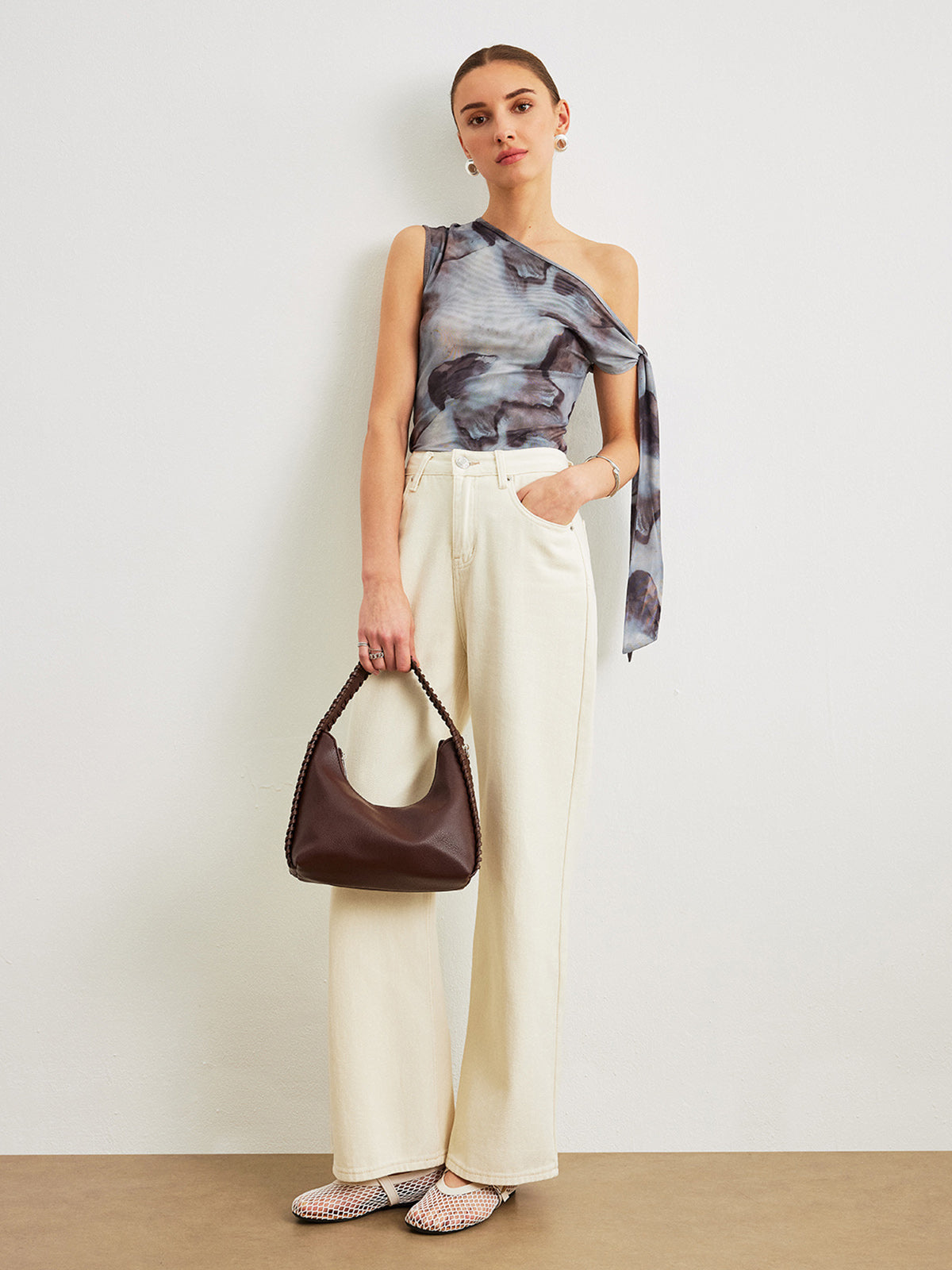 Boho Print  Asymmetrical Neck Mesh Draped Blouse