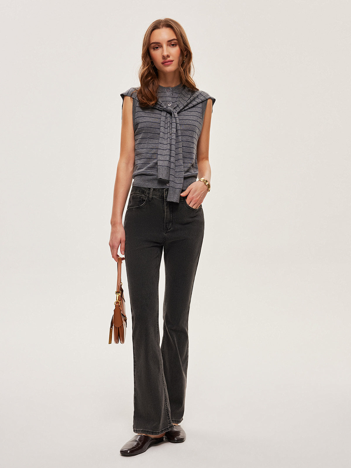 2 In 1 Striped Knotted Button Sleeveless Sweater Vest