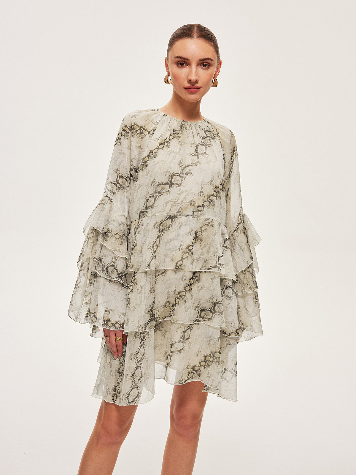 Sheer Print Ruffle Tie-Waist Dress