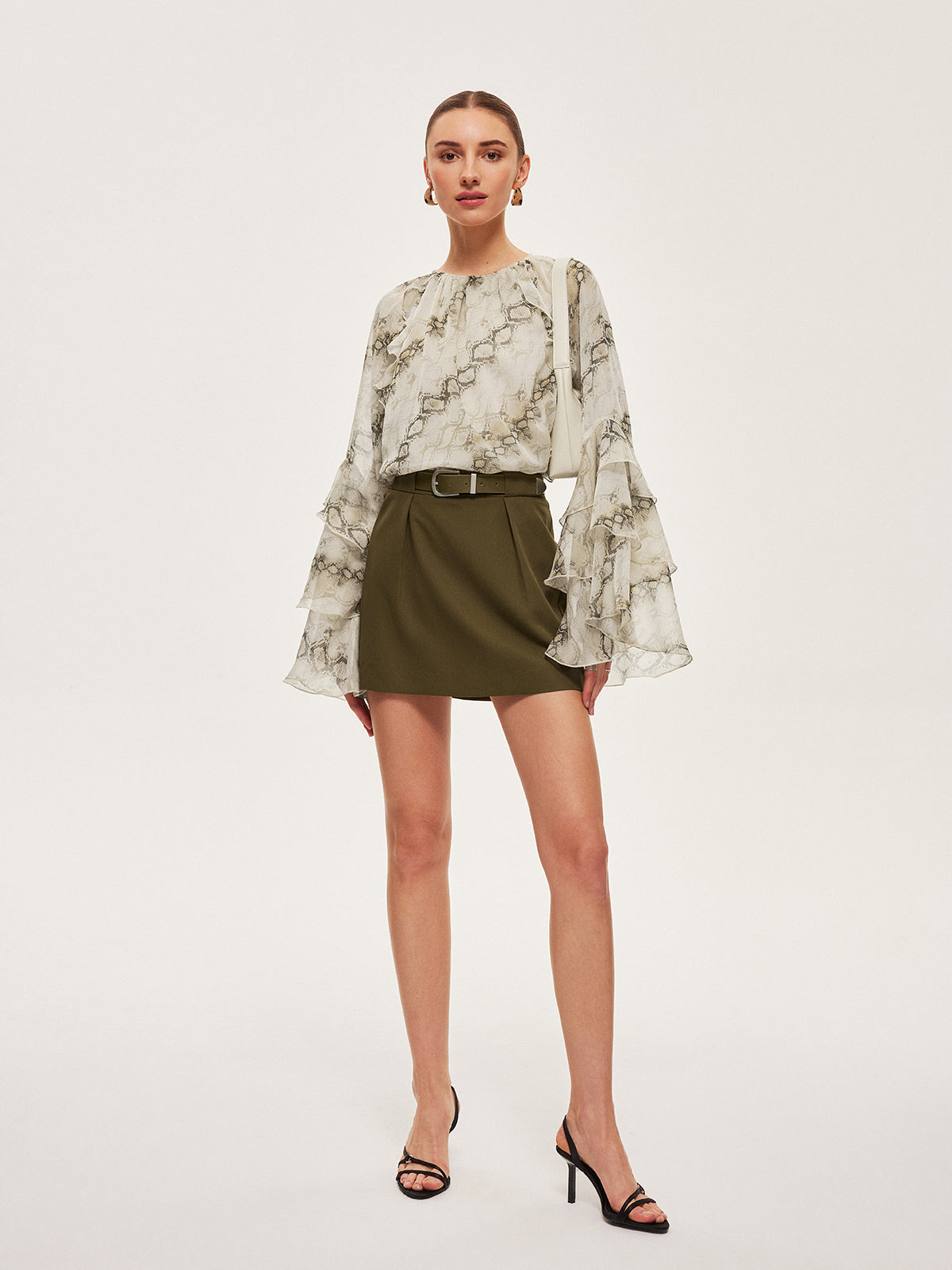 Semi-Sheer Print Ruffle Sleeve Chiffon Blouse