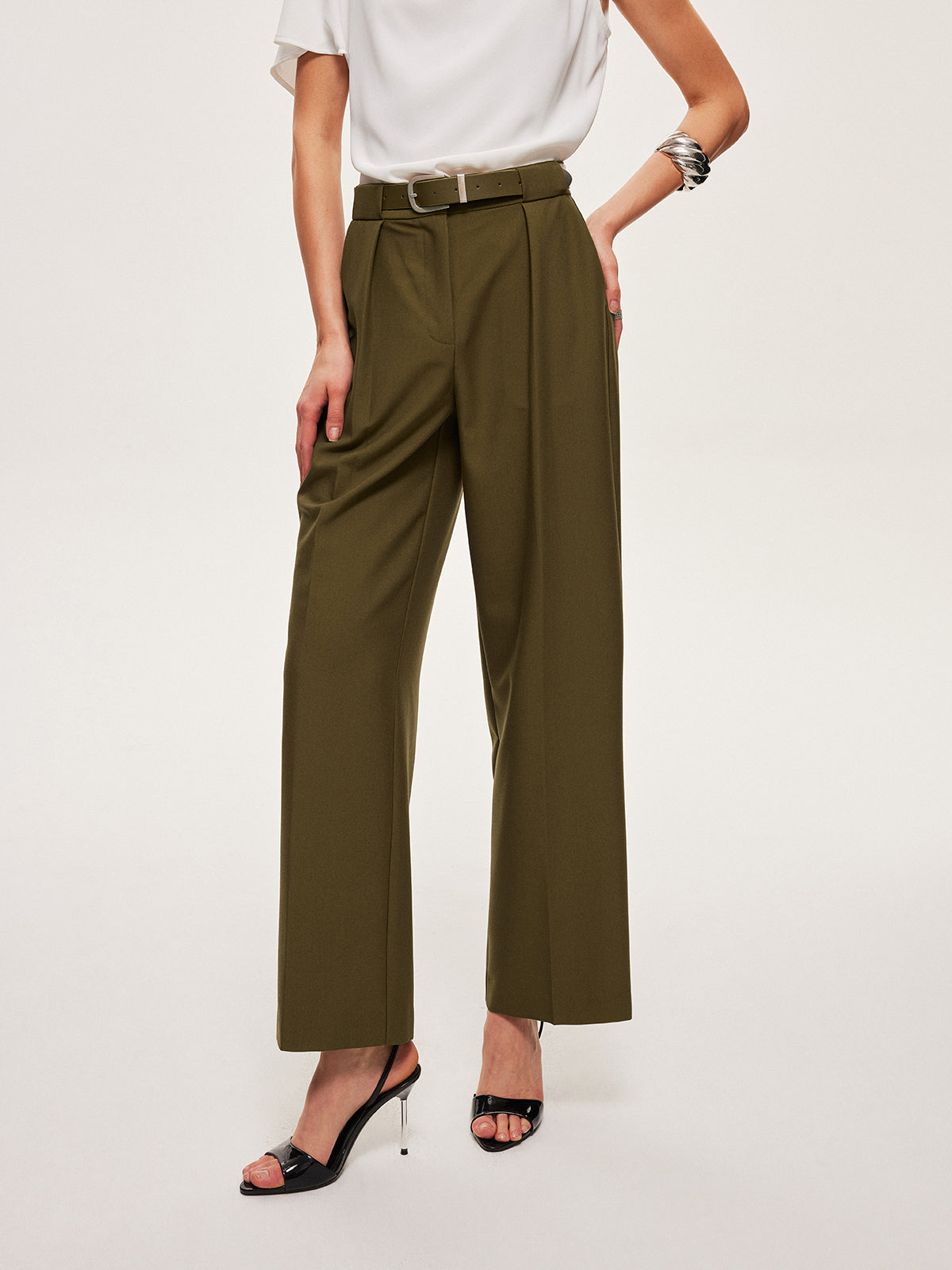 Mid-Waist Belted Straight-Leg Pants