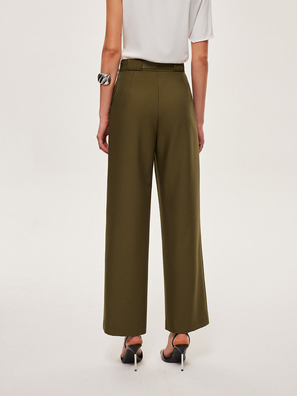Mid-Waist Belted Straight-Leg Pants