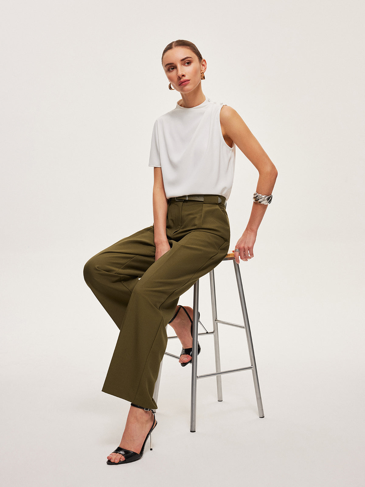 Mid-Waist Belted Straight-Leg Pants