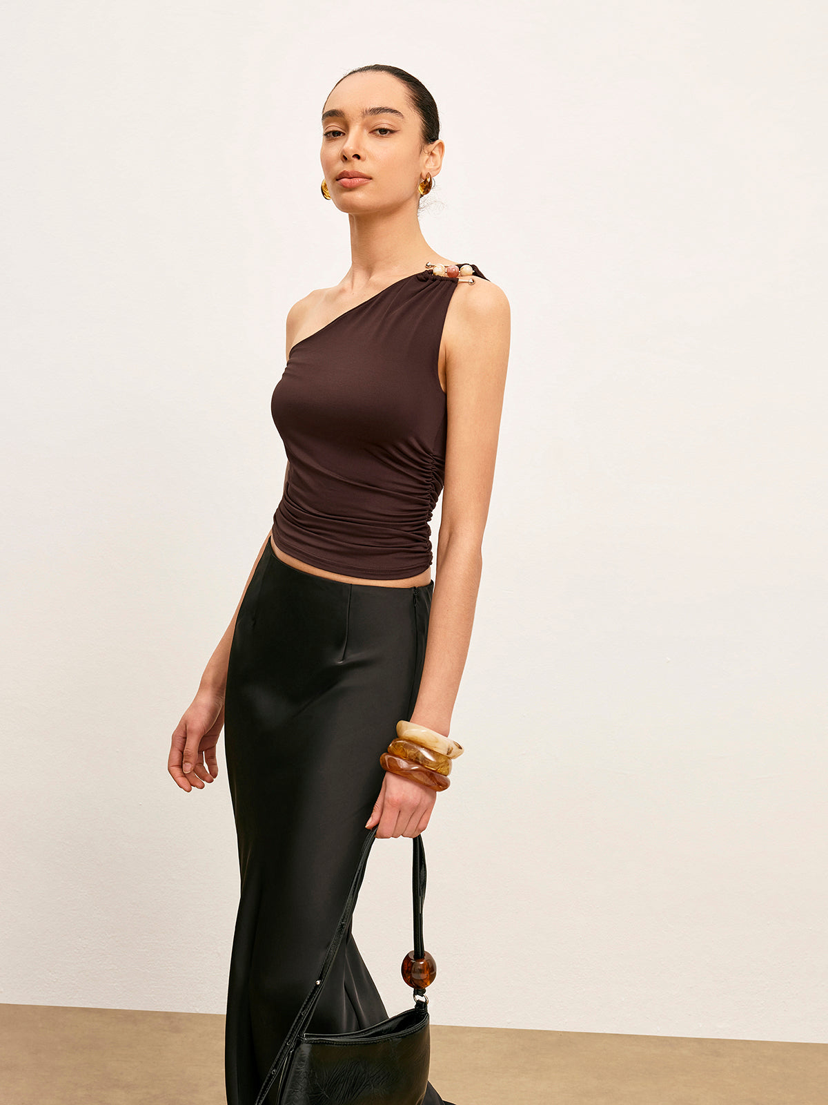 One-Shoulder Metal Detail Ruched Top