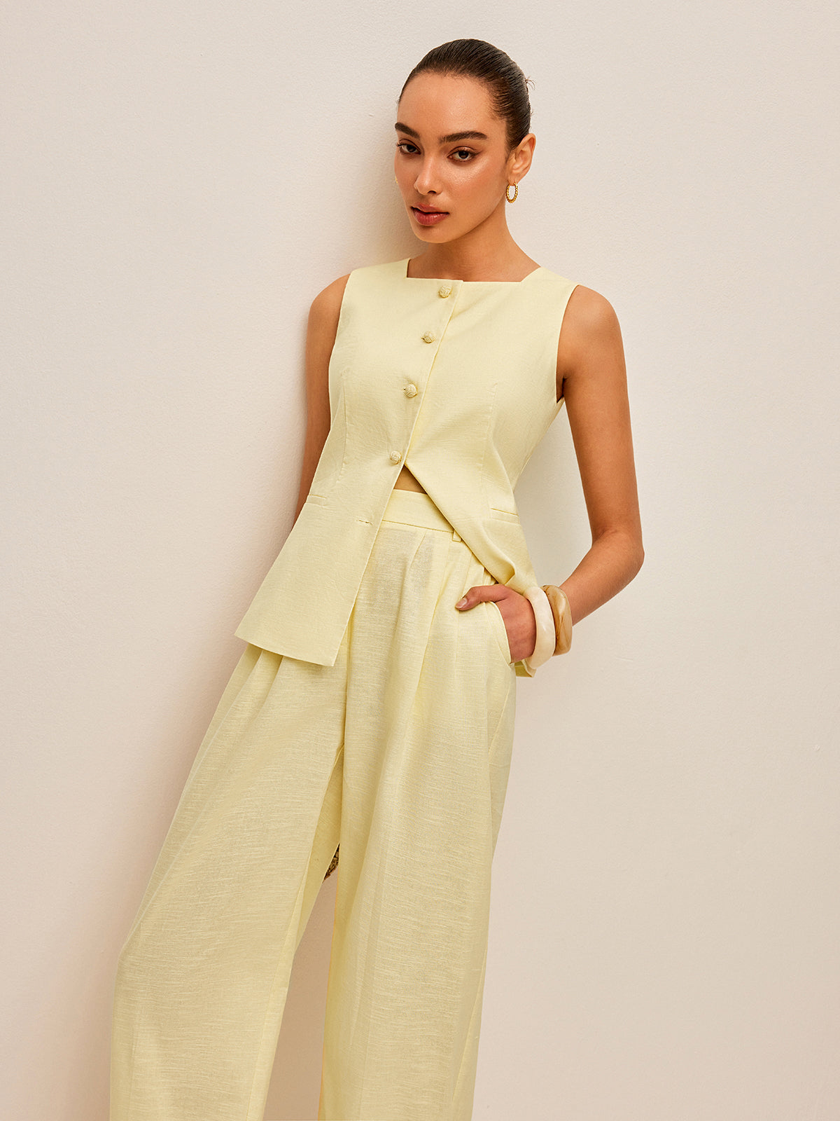 Cotton & Linen Tie-Back Vest With Pockets Pants Set