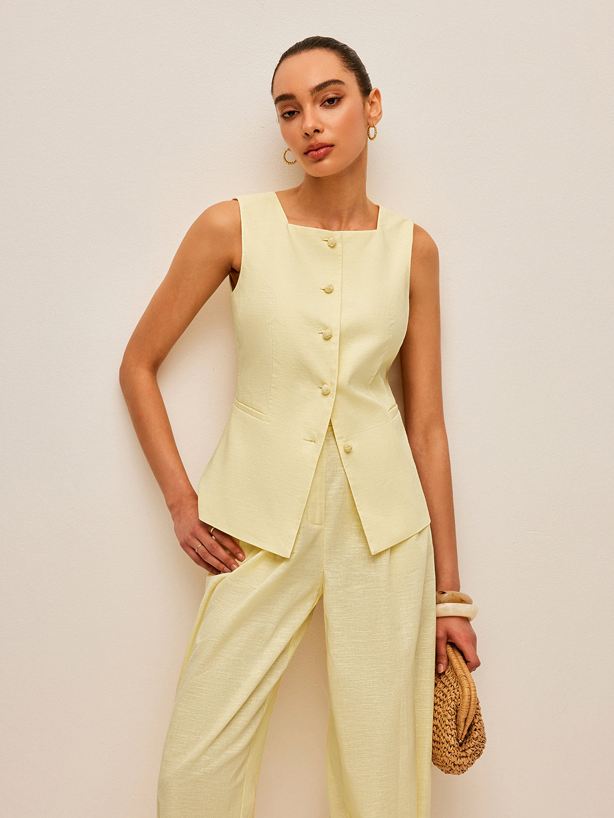 Cotton & Linen Tie-Back Vest With Pockets Pants Set