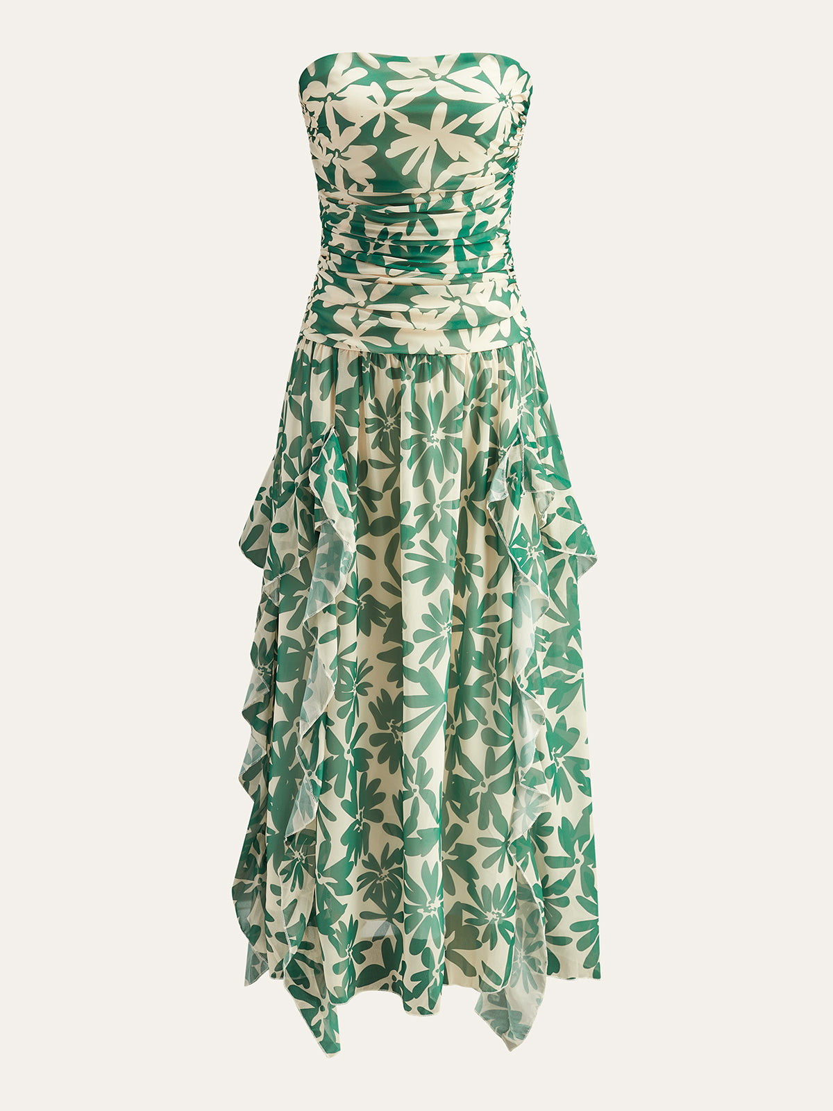 Floral Print Strapless Dress With Ruffled Detail