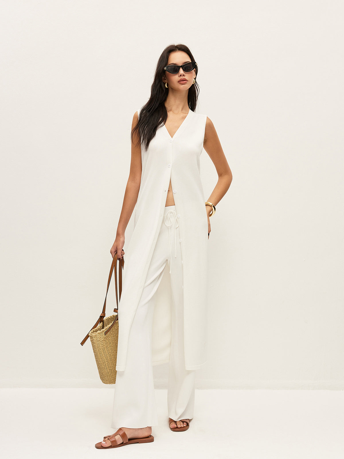 Buttoned Vest Knitted Pants Set