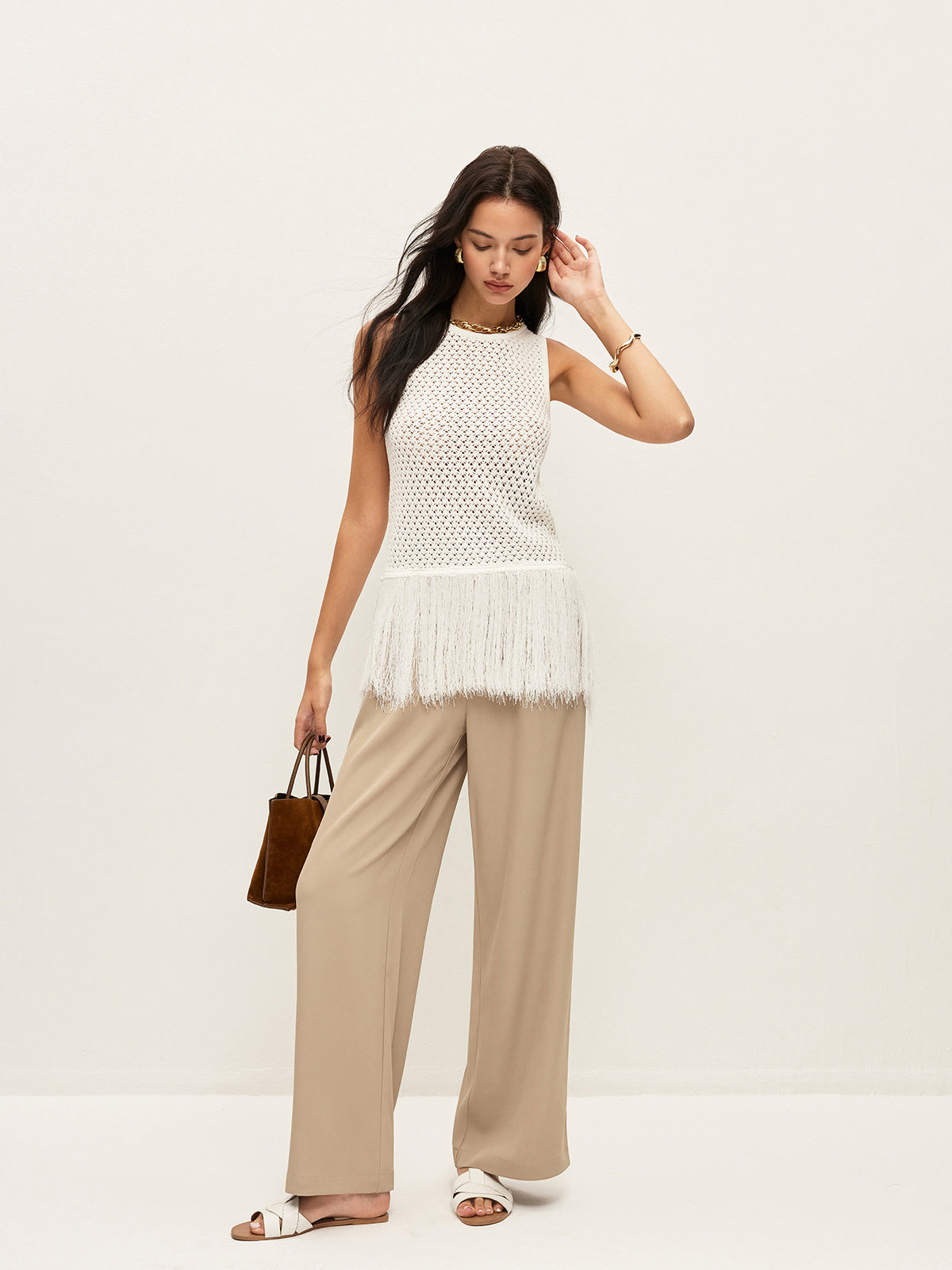 Semi-Sheer Knit Vest With Fringe Hem