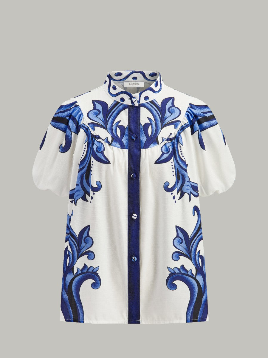 Floral Print Puff Sleeve Skirt Set With Pockets